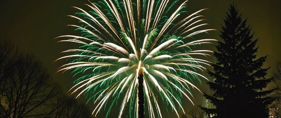 Fototapeta premium A dramatic closeup of New Years Eve fireworks bursting in the sky framed by the dark silhouette of trees