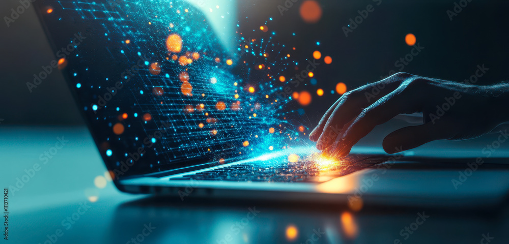 Poster hand interacting with global iot network on laptop, digital technology and big data concept