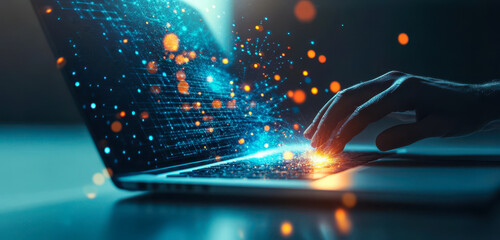 Hand Interacting with Global IoT Network on Laptop, Digital Technology and Big Data Concept