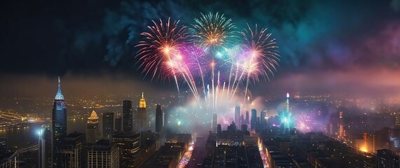 Obraz premium A festive cityscape illuminated with colorful New Years fireworks