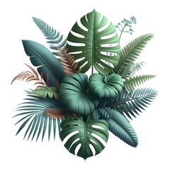Plant of tropics. 3D leaves of Monstera, banana, fern and palm tree composition._Nero AI_Photo