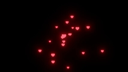 A set of red neon heart explosion effects on a black background. Symbols of love are scattered in the air - Powered by Adobe