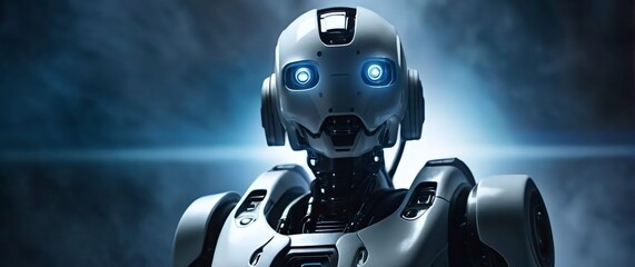 A futuristic humanoid robot standing against a backdrop of space symbolizing AI exploration