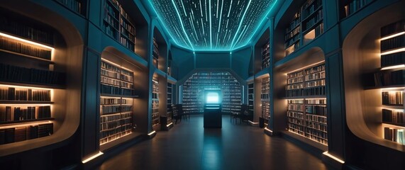 Fototapeta premium A futuristic library where books transform into glowing data streams symbolizing AI knowledge