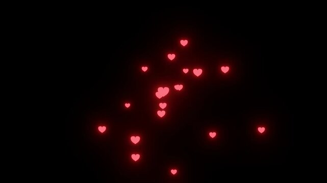 A set of red neon heart explosion effects on a black background. Symbols of love are scattered in the air