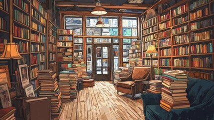 Charming used bookstore, vintage books lining the walls, warm light fixtures creating a cozy atmosphere, inviting reading area with plush armchairs for leisurely browsing.