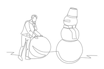 Man making a snowman. Winter holiday concept one-line drawing