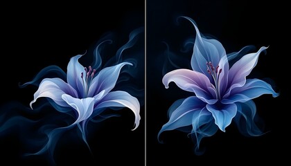 Set of two vertical poster, abstract smokey lily floral shape art panels. Significantly, concept of smoky flower