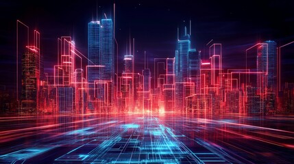 Neon cityscape at night, futuristic digital city skyline with glowing lines and vibrant colors.