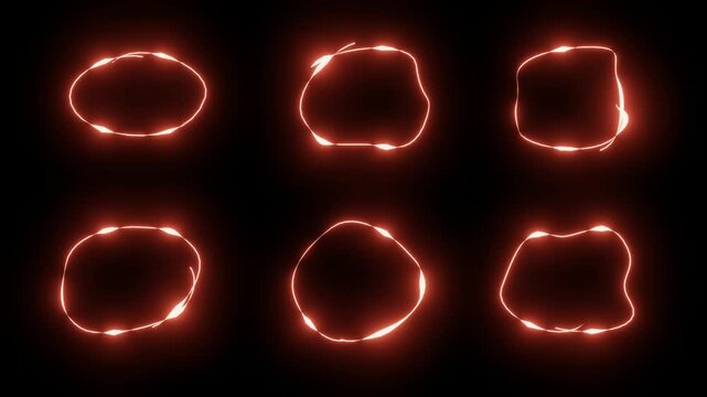 A set of hand drawn glowing red scribble circles designed on a black background. Neon bubbles with flashing lights