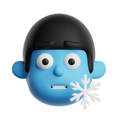 3d freezing cold emoji icon. Cartoon boy with icy blue face, snowflake emoticon isolated on a transparent background