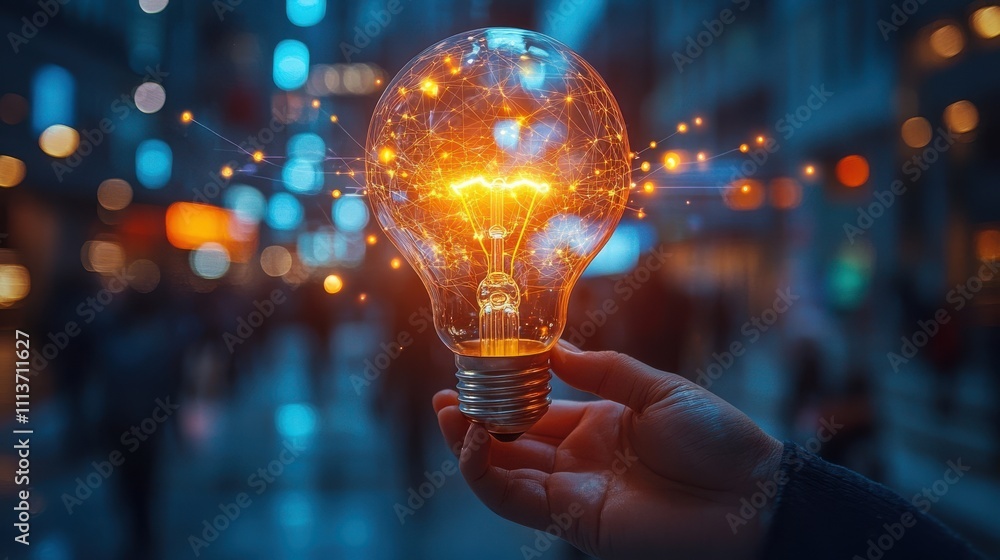 Aufkleber hand holding lightbulb with glowing virtual brain and connection line to creative smart thinking for