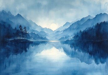 Watercolor Landscape Texture Dreamlike Blue Background