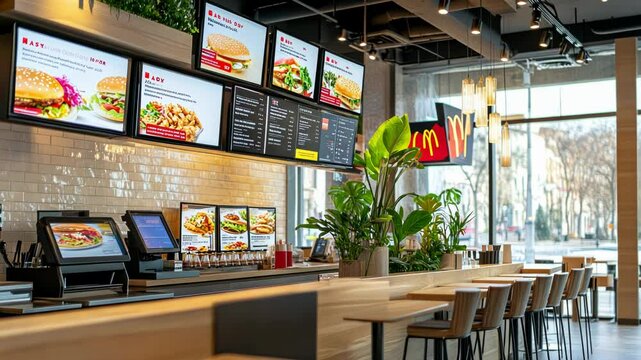 Modern Fast Food Restaurant Interior with Digital Menu Displays