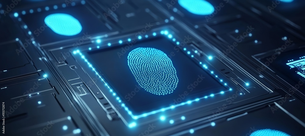 Poster Fingerprint microchip scanner. Internet security biometric human identification. Generative AI technology.