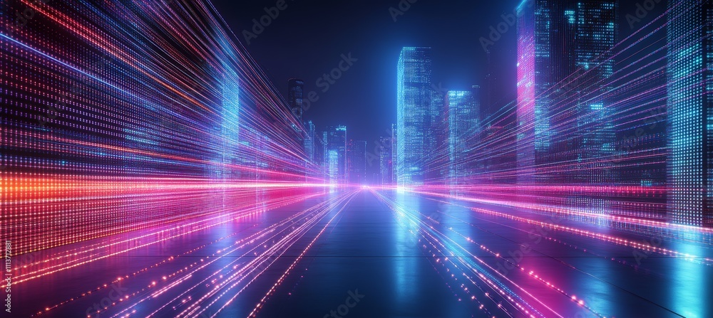 Poster virtual digital highway technology with city building. generative ai technology.