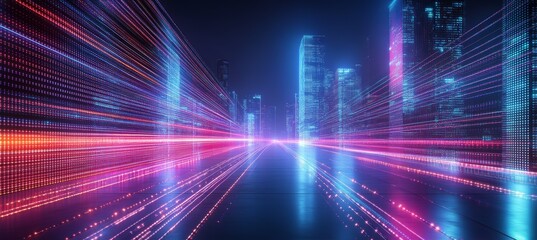 Obraz premium Virtual digital highway technology with city building. Generative AI technology. 