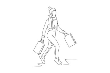 Women shopping during winter holidays. Winter holiday concept one-line drawing