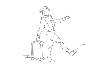 Woman traveling on winter holiday. Winter holiday concept one-line drawing