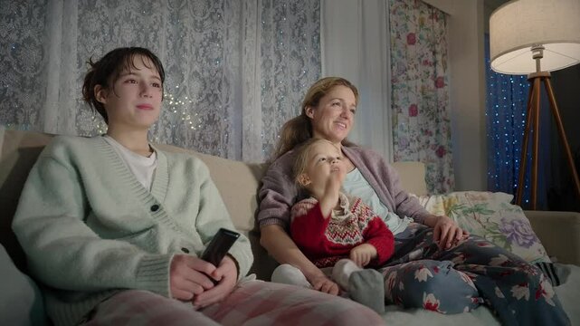 A family enjoy quality time together in the evening, watching TV in their cozy living room. Mother and children sitting comfortably on a couch, surrounded by warm lighting and a relaxed atmosphere