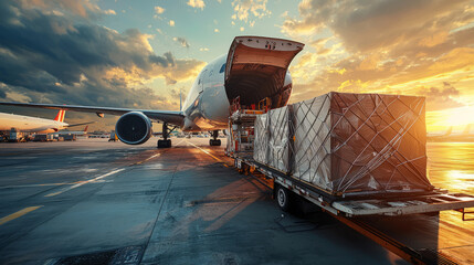 Air cargo plane logistics with loaded containers at sunset
