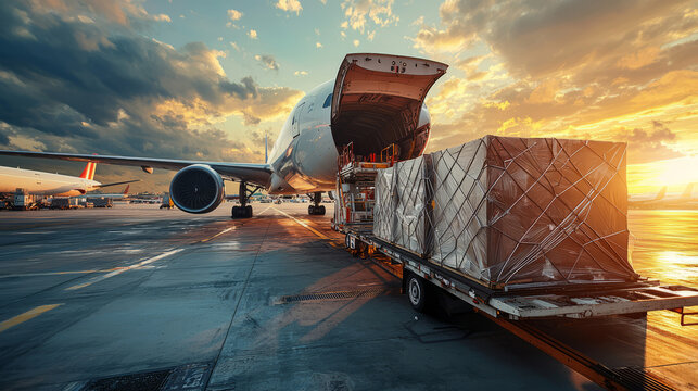 Air cargo plane logistics with loaded containers at sunset