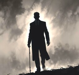 Illustration of man in suit silhouette with dramtaic background.