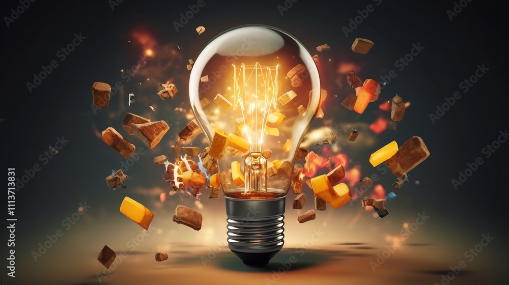 Aufkleber conceptual image depicting a glowing light bulb surrounded by various startup icons and symbols floa