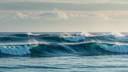 Breaking waves crash against the rocky shore, creating a stunning seascape under a cloudy sky