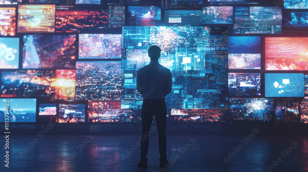 Poster man standing in front of multiple digital screens in dark room
