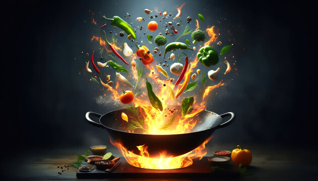 Static stir fry pan with ingredients floating in the air and flames. Realistic food illustration.