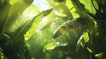 Sunbeams Filtering Through Lush Tropical Banana Leaves