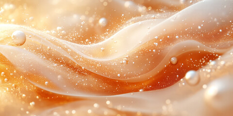 Close-up of silky golden waves with pearl-like spheres floating in an abstract environment.