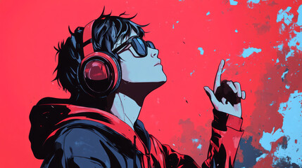 Anime boy wearing headphones listening to music, Manga style cartoon drawing