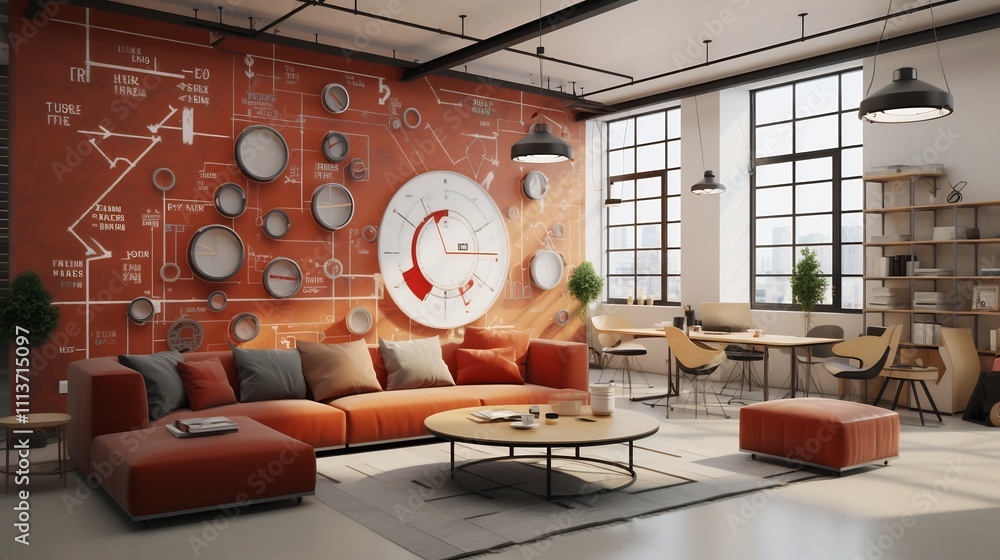 Poster creative and collaborative workspace with sketches diagrams and startup ideas pinned on the walls fo