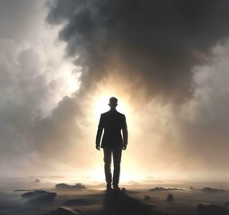 Illustration of man in suit silhouette with dramtaic background.