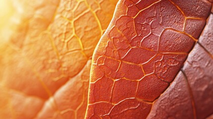 Fototapeta premium Sunlit Autumn Leaf Texture Close-up Macro Photography of Dried Leaf Veins