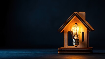Glowing lightbulb inside a wooden house model on dark background.