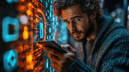 Obraz premium protecting personal data on smartphone virtual screen interfaces cyber security cybersecurity and privacy concepts to protect data lock icon and internet network security technolog