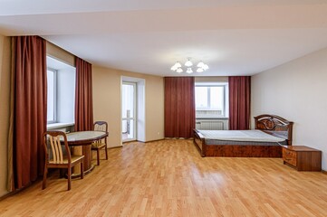 interior room apartment bedroom with bed, cozy place to sleep and relax