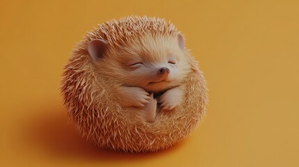 A 3D rendered cartoon hedgehog with its eyes closed, curled up.