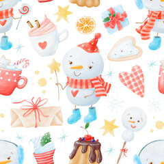 Watercolor Christmas seamless pattern winter background. Can be used for wrapping paper, textile, wallpaper, cards.