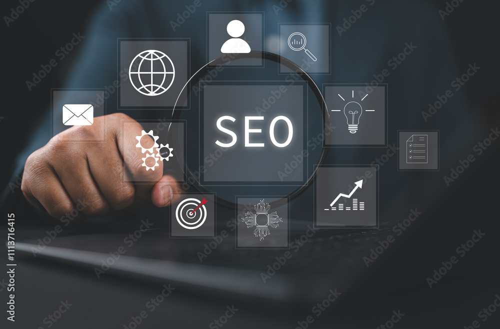Poster businessman using a laptop for analysis seo search engine optimization marketing ranking traffic web