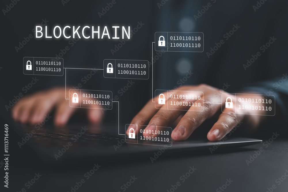 Poster Businessman using a laptop to Blockchain technology concept with a chain of encrypted blocks to secure cryptocurrencies and bitcoin for online payments and money transaction.