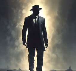 Illustration of man in suit silhouette with dramtaic background.