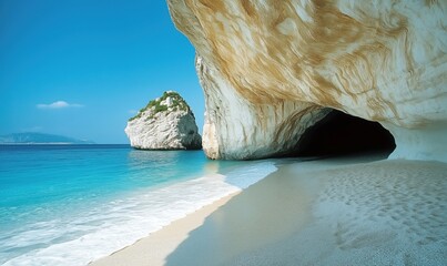 Cave Beach with Turquoise Waters and Rock Formations, serene coastal scene featuring sandy shore,...