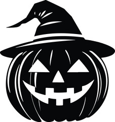 A black and white image of a pumpkin with a black hat on it