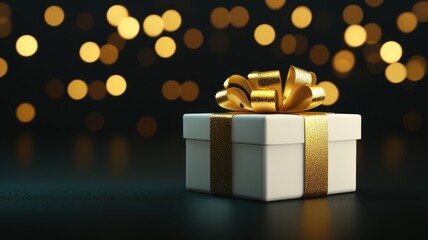 Closeup of elegant gift box with golden ribbon holiday decor product photography soft focus background festive concept