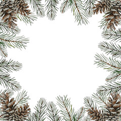 Square watercolor Christmas frame made of pine cones and branches. White background. For your design postcard invitation background
