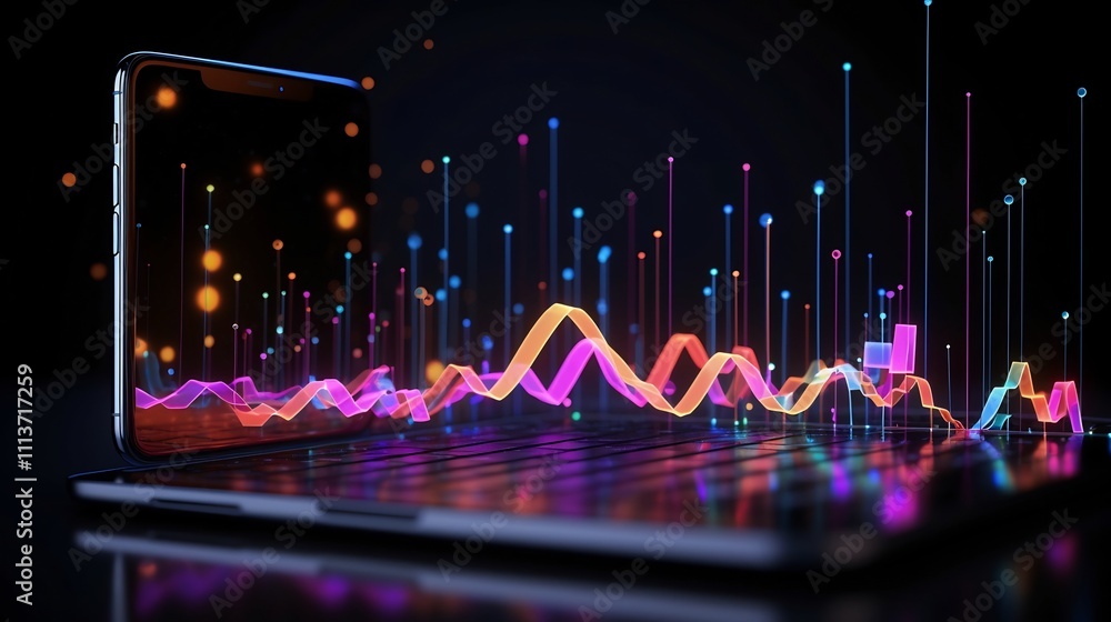 Poster digital concept of startup analytics seamlessly flowing from a smartphone to a laptop representing t